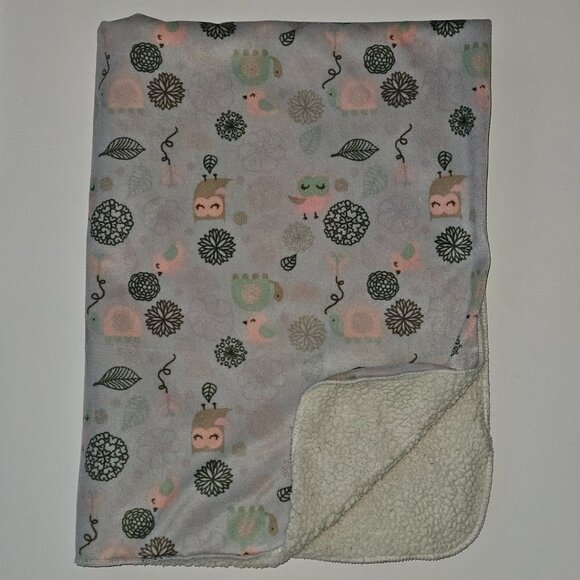 Chick Pea Gray Owl Bird Turtle Leaves Baby Blanket Fleece Sherpa Pink Green - Picture 1 of 6